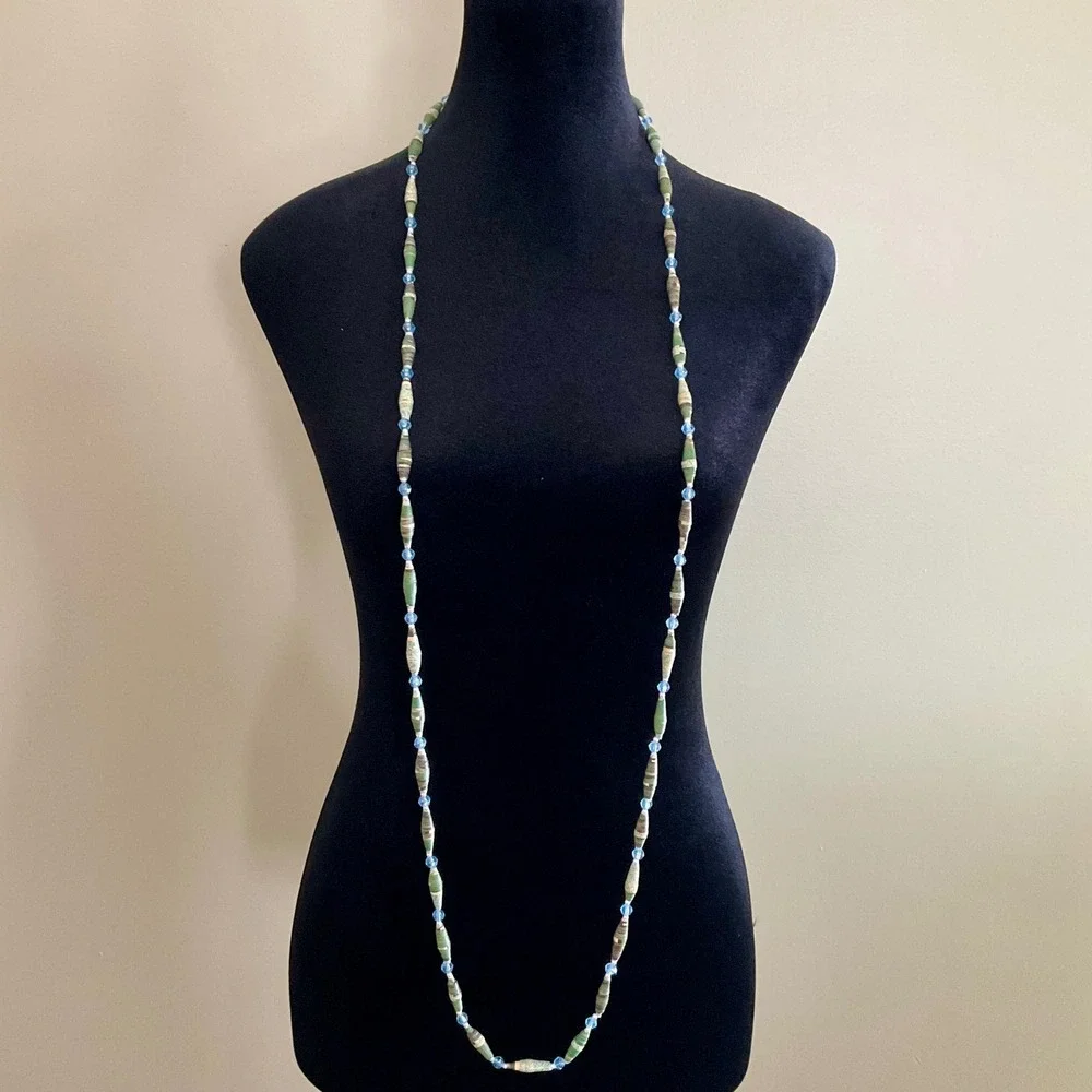 Handmade Paper Bead Necklace Green Blue Long Boho Indie Spindle Bead Strand 53in